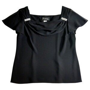 S.L. Fashions Women's Cowl Neck Embellished Black Flutter Blouse Shirt Size 12